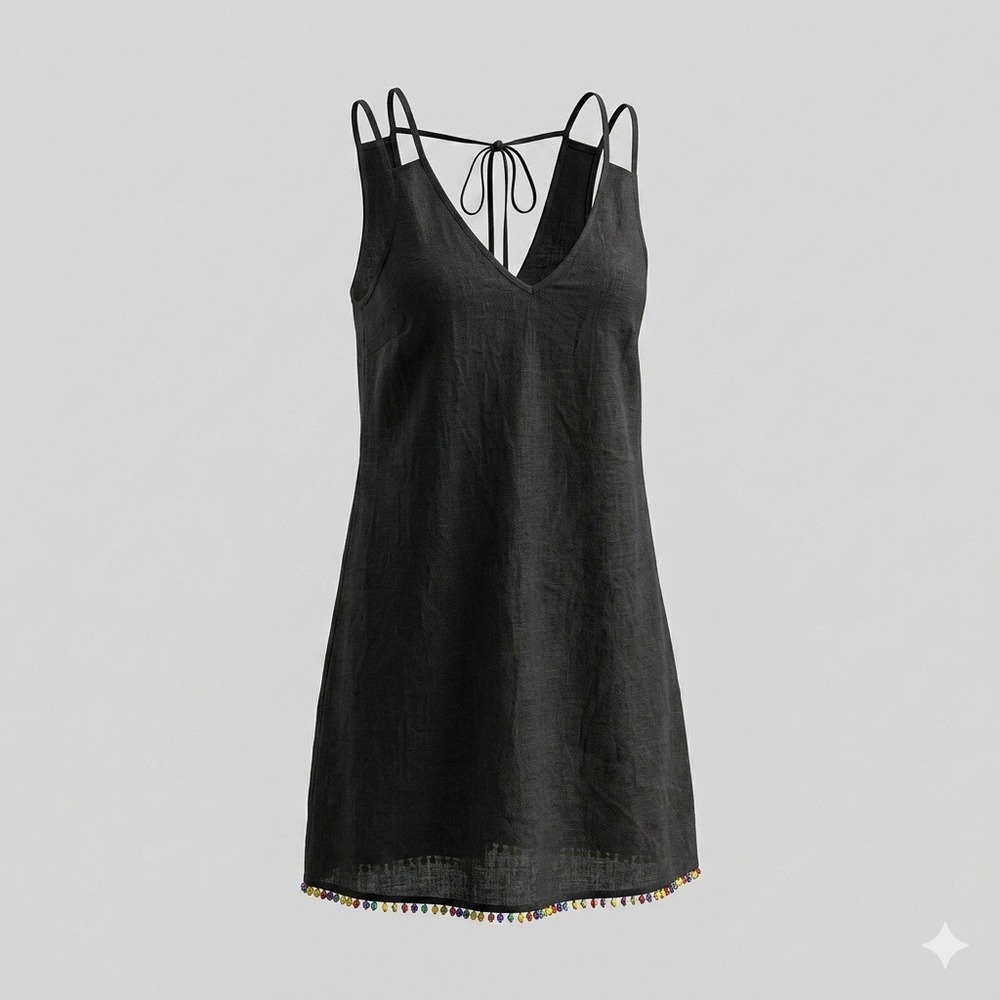 BCBGeneration Black‎ Linen Pom Pom Beaded Hem Mini Dress S Cover Up Beach Summer